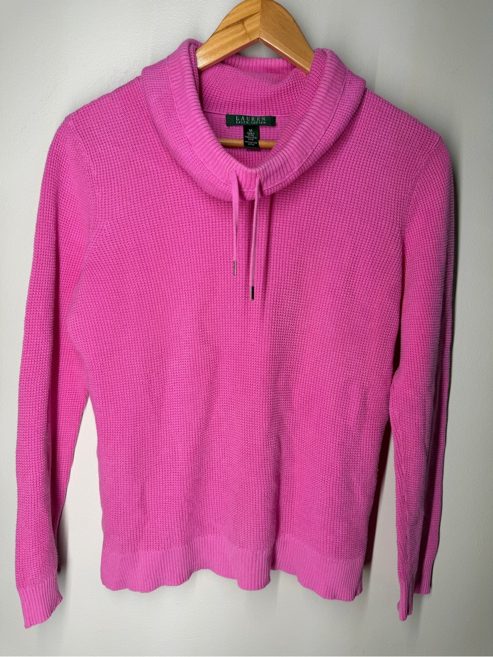 Lauren Ralph Lauren Cotton Waffle Knit Cowl Neck Pullover Sweater Preppy Pink